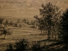 Gerald Ososki (1903-1981) Ink and wash Landscape with country house in distance, signed and dated