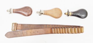 Two 19th century Sykes powder shot flasks, one wicker stamped Sykes extra, 21.5cm long and the other