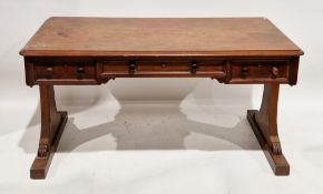 19th century mahogany library table, the rectangular top over three frieze drawers with turned