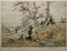 Henry Wilkinson (1921-2011) Drypoint etching 'Pheasant Shoot', hand-coloured, signed limited