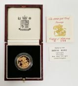 Elizabeth II 1992 gold proof full sovereign, in original fitted box with certificate numbered 3784