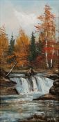 Varga (Hungarian / Canadian, 20th century) Oil on canvas  Autumnal river scene with waterfall,