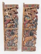 Pair of Indian wooden pierced carved panels, polychrome painted depicting figures on horseback, 92cm
