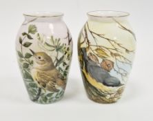 Two limited edition bone china oviform vases painted with birds by Helen Halloran, late 20th