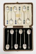 Set of six Art Deco silver and enamel teaspoons, Birmingham 1934, Walker & Hall, with blue and green