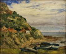 Early 20th century British School  Oil on board Fishing boats in a cove, unsigned, 12.3 cm x 14.5 cm