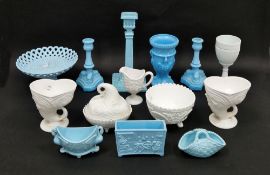 Fourteen pieces of Victorian pressed milk glass, various makers, to include a Sowerby 'Old King