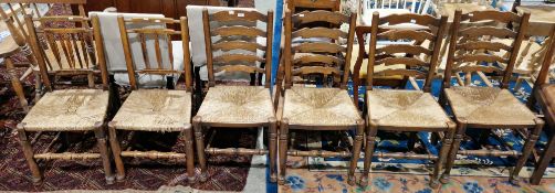 Matched set of six ash Lancashire style dining chairs comprising four matching ladderback chairs