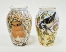 Two limited edition bone china oviform vases painted with birds by Helen Halloran, late 20th