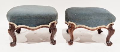 Pair stained wood footstools, each rounded rectangular on scroll cabriole supports, 23cm high x 35cm