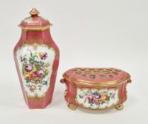 Crown Staffordshire porcelain pink-ground Sevres-style faceted tapering oviform vase and cover and a