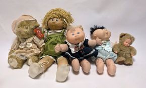 Two Mattel Cabbage patch Kids together with a Jesmar Cabbage patch kid, Anne Geddes Baby bear and