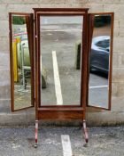 Early 20th century mahogany three-fold cheval mirror, with ogee mould pediment, three rectangular