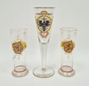 Tall early 20th century Bavarian toasting glass of trumpet form, decorated with a heraldic black