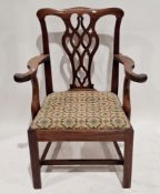 Mahogany Chippendale-style open armchair with pierced vase-shaped splat, drop-in seat, on straight