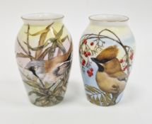 Two limited edition bone china oviform vases painted with birds by Helen Halloran, late 20th