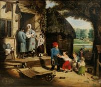 19th century British school  Oil on panel Figures before a cottage, indistinctly signed Edward