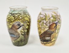 Two limited edition bone china oviform vases painted with birds by Helen Halloran, late 20th