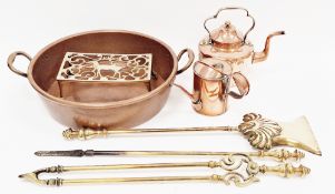 Collection of mainly 19th century copper and brass items including copper pan with twin loop