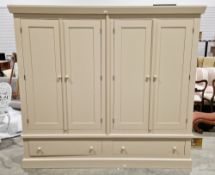 Modern wooden painted quadruple wardrobe in the Shaker style, the plain cornice over four panel