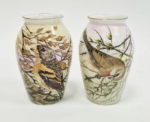 Two limited edition bone china oviform vases painted with birds by Helen Halloran, late 20th
