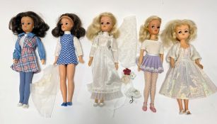 Five Pedigree Sindy dolls, circa 1970's, three with blonde hair, two with brown hair, all with