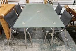 Gaze Burvill garden table, the rectangular frosted glass top on brushed steel tubular legs united by