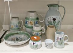 Group of Buchan (Portobello) Pottery, including: a large baluster water-jug painted with a thistle