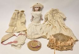 Wax shoulder head doll, with blue sleeping doll eyes, closed mouth, composition lower arms, fabric