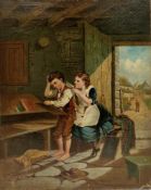 James Clarke Waite (1832-1920) Oil on canvas Interior scene with girl and boy in classroom with view