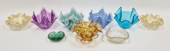 Quantity of glass to include four Chance Glass handkerchief bowls, height 10.5cm, a pair of Murano