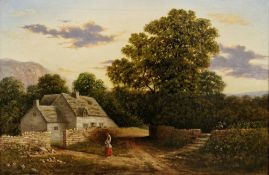 19th century English school Oil on canvas Pastoral scene at sunset with cottage and female figure on