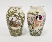 Two limited edition bone china oviform vases painted with birds by Helen Halloran, late 20th