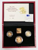 Elizabeth II 1993 gold proof three coin sovereign set, comprising double, full and half, in original