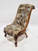 19th century mahogany slipper chair having carved scroll back, button back floral upholstery, on