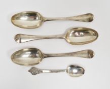 Three 18th century silver tablespoons, hallmarks illegible, Hanover pattern, handles engraved with a