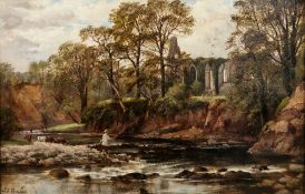 J.J. Hughes (19th century) Oil on canvas Fisherman before a ruined abbey in river landscape,
