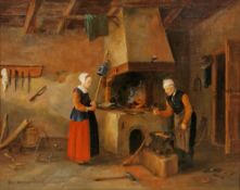Van Hoesch (20th century) Oil on canvas 17th century Dutch style interior of a blacksmith's forge,