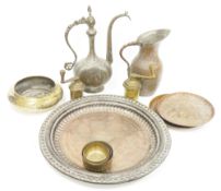 Collection of Indian and Persian metalware including a large Indian tinned copper charger, the