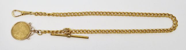 George V 1913 half sovereign, mounted in a 9ct gold pendant and yellow metal albert chain marked RG