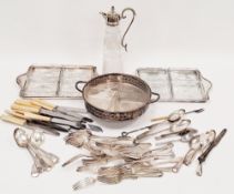 Collection of silver plate including etched glass and silver-plated claret jug, three silver