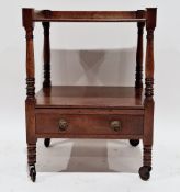 Mahogany two-tier occasional table on turned supports with drawer, on castors, 52cm high x 45.5cm