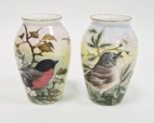 Two limited edition bone china oviform vases painted with birds by Helen Halloran, late 20th