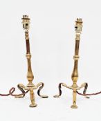 Pair of brass table lamps in the style of W A S Benson, hexagonal tapered columns on three