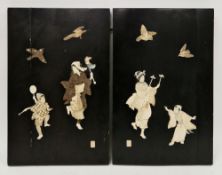 Pair of early 20th century Japanese shibayama black lacquered panels, each inlaid in ivory and