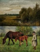 19th century English school Oil on board River landscape, unsigned, image size 17cm x 25cm, together