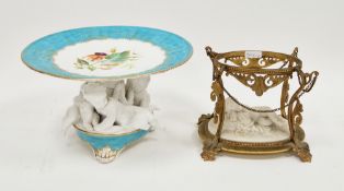 English porcelain turquoise-ground figural comport and a parian putto mounted gilt-metal centrepiece