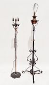 Wrought iron standard oil lamp with copper well (converted to electric), 148cm high together with
