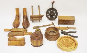 Collection of treen and woodworking tools including pair of shoe stretchers, boxes, Scottish thistle