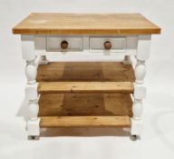 Pine kitchen island, the rectangular top over a cream painted base with one frieze drawer to one